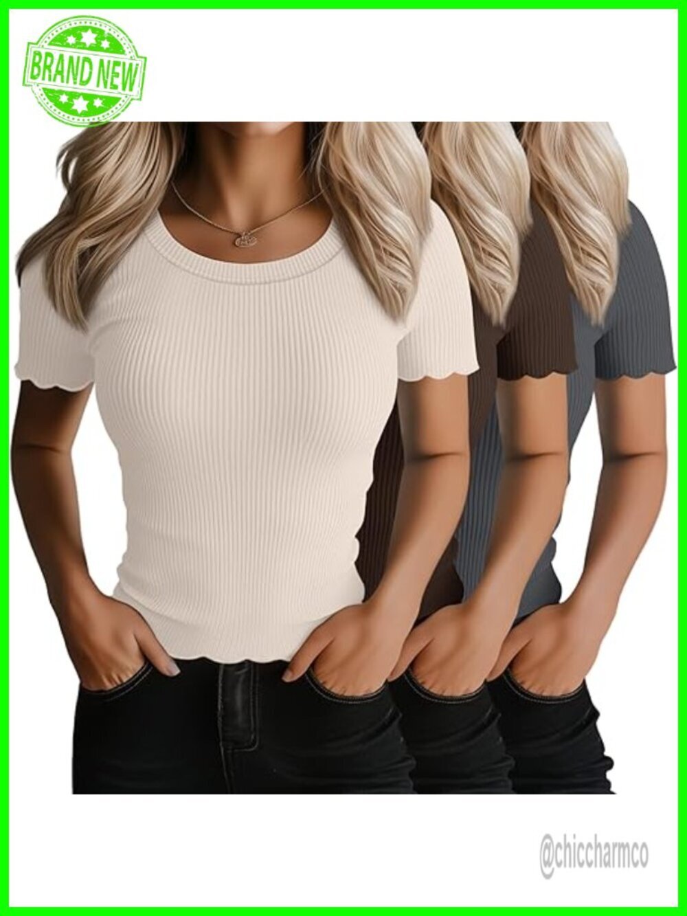 3 Pack Women's Ribbed Knit Crop Tops Lettuce Trim Short Sleeve Slim Fitted Tees